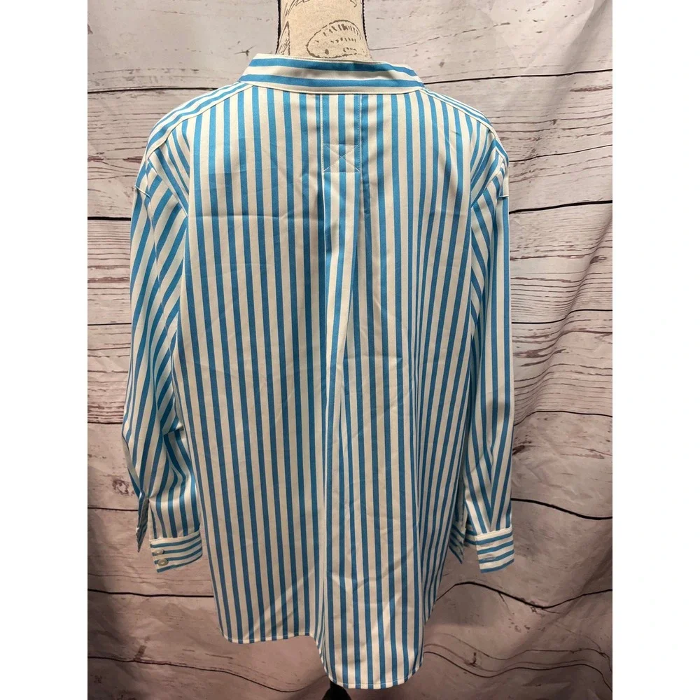 Linea by Louis Dell'Olio Blue White Striped Mandarin Collar Blouse 18W A347479